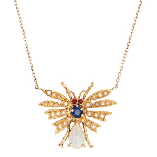 Early 20th Century Vintage Art Deco Insect Necklace Opal Sapphire Seed Pearl Ruby 14k Gold 18.5" For Sale