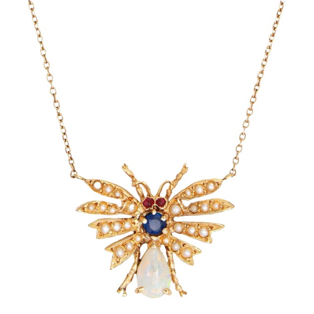 Early 20th Century Vintage Art Deco Insect Necklace Opal Sapphire Seed Pearl Ruby 14k Gold 18.5" For Sale