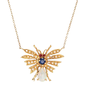 Early 20th Century Vintage Art Deco Insect Necklace Opal Sapphire Seed Pearl Ruby 14k Gold 18.5"