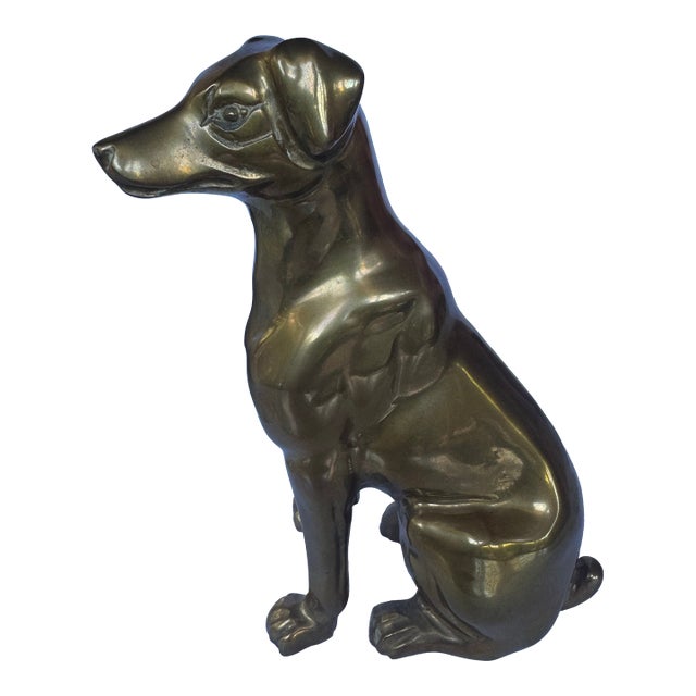 Midcentury Solid Brass Sitting Dog Statue For Sale