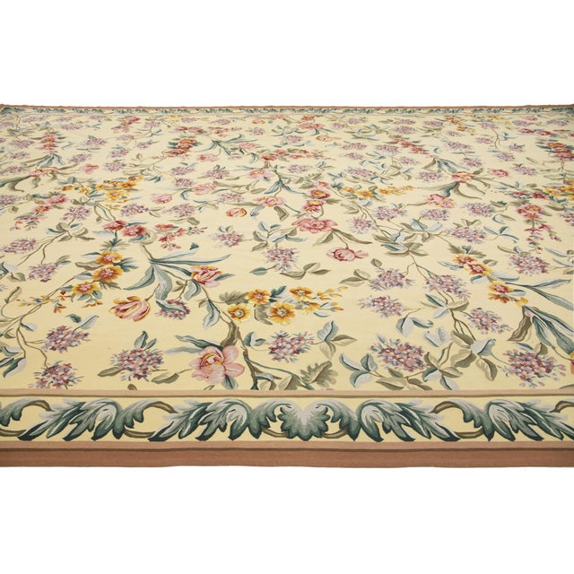 Light Yellow 1990s Handcrafted French Aubusson Wool Rug in Pale Yellow With Floral Design For Sale - Image 8 of 12