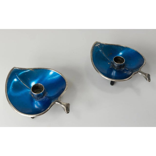 Metal Mid-Century Danish Modern Pair of Enamel Silver Candleholders by E. Dragsted Denmark For Sale - Image 7 of 10