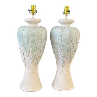 Vintage Sculptural Plaster Leaf Relief Table Lamps, Textured White Organic Modern Hollywood Regency 23.5” - A Pair For Sale