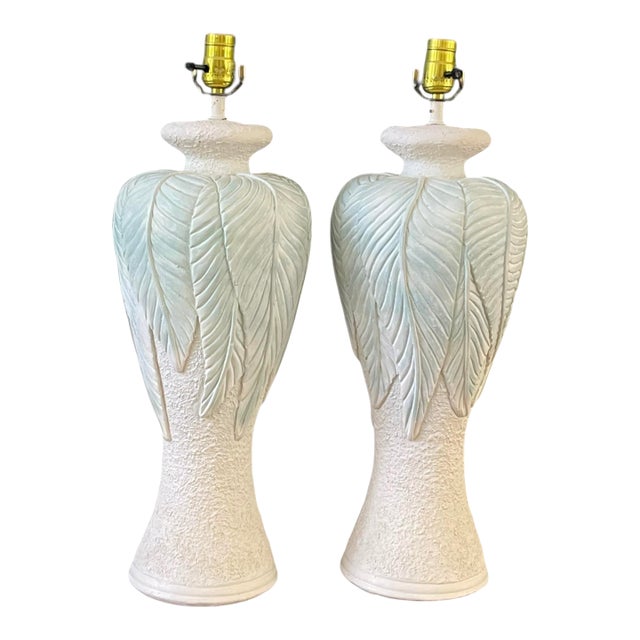 Vintage Sculptural Plaster Leaf Relief Table Lamps, Textured White Organic Modern Hollywood Regency 23.5” - A Pair For Sale
