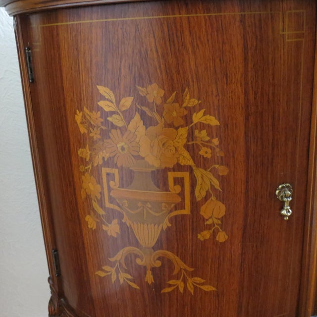 French Provincial 1920s Demi-Lune Commode, Marquetry, Two Doors, Two Shelves, Glass Top For Sale - Image 3 of 12