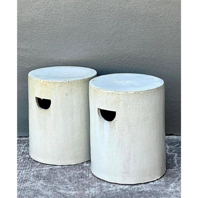 Vintage White Ceramic Low Stools - Pair For Sale In West Palm - Image 6 of 12
