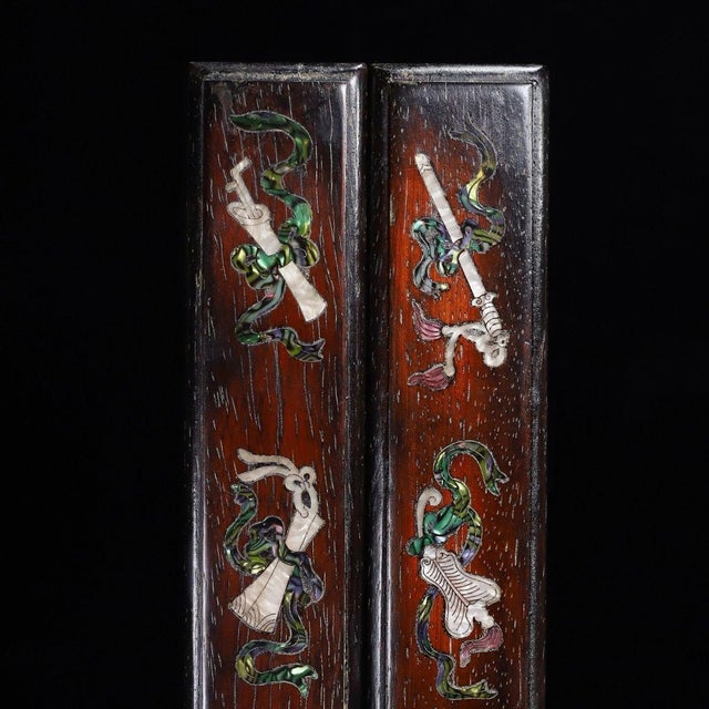 Late 19th Century Late 19th Century Pair of Wooden Paperweights With Mother-of-Pearl Eight Treasures Inlay For Sale - Image 5 of 10