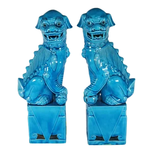 Vintage 1960’s Chinese Turquoise Glazed Porcelain Foo Dogs/Lions- Set of 2