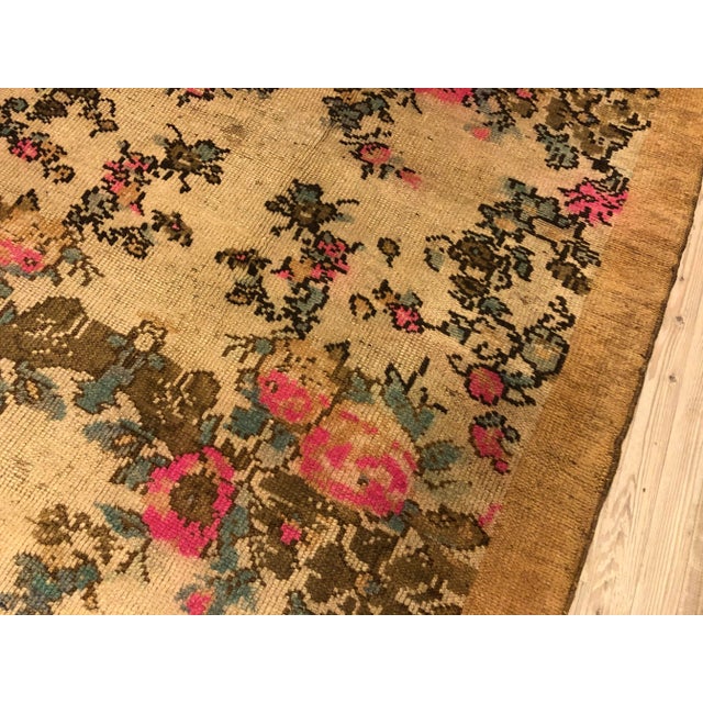 Tan Vintage Handmade Tan Wool Pink Floral Rug For Sale - Image 8 of 11
