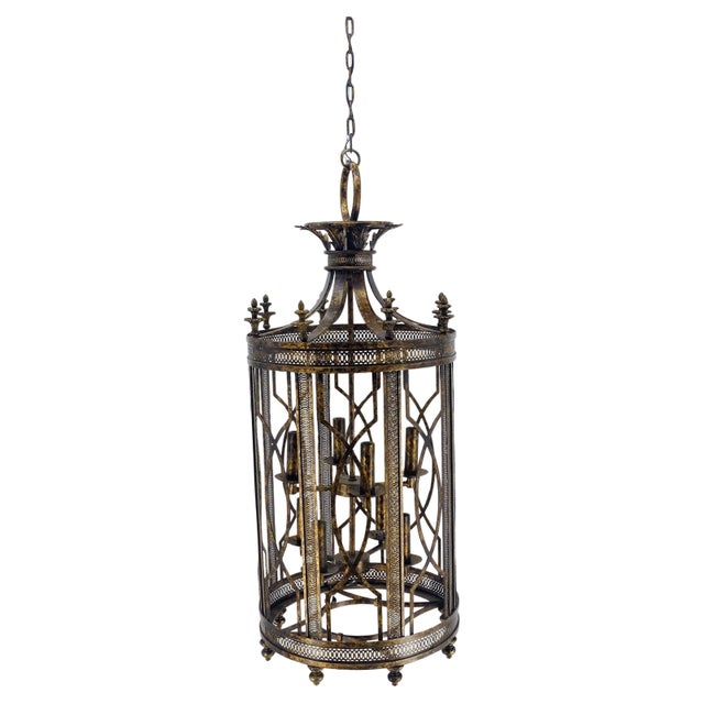 Large Italian Pendant Bronze Oxide Gilt Ornate Metal Light Fixture Chandelier with 8' long chain.