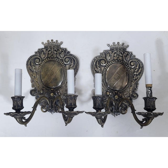 Pair Antique American Coat of Arms Crown Silver Plate Bronze Wall Sconces C&A For Sale - Image 10 of 17