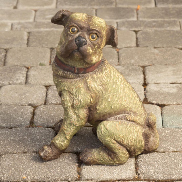 English Vintage Composition Sitting Dog Sculpture with Glass Eyes and Red Collar For Sale - Image 4 of 8