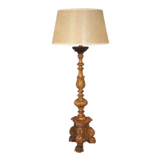19th Century French Louis XIV Style Carved Wooden Candlestick Lamp For Sale