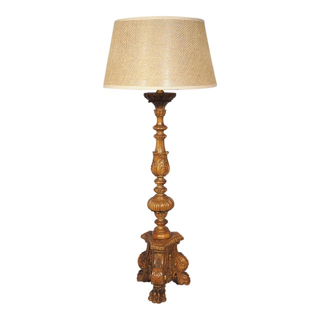 19th Century French Louis XIV Style Carved Wooden Candlestick Lamp For Sale