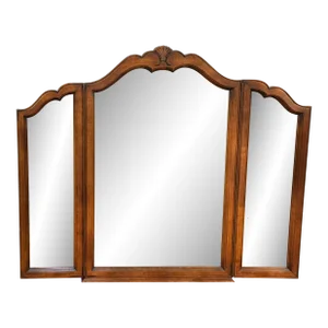 1990s Ethan Allen Country French Carved Tri-Fold Dresser Chest Mirror