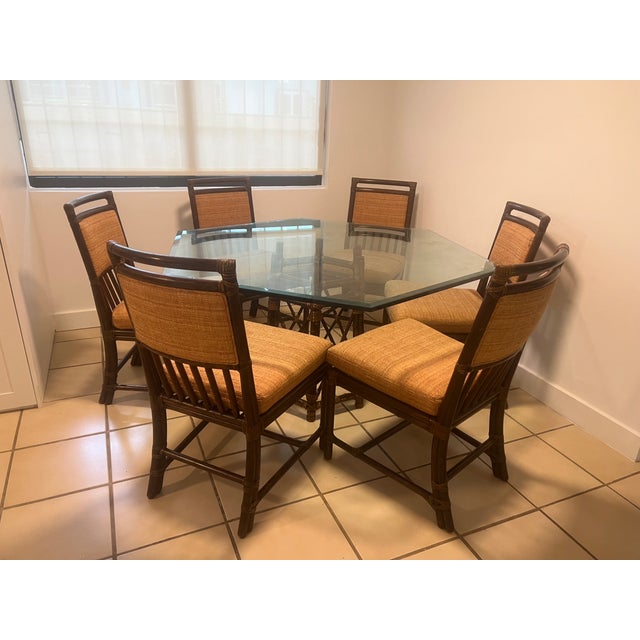 1960s McGuire Glass-Top Dining Table and Chairs – 7 Pieces For Sale - Image 16 of 17