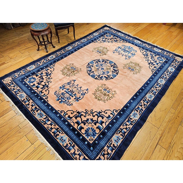 Textile Early 20th Century Art Deco Chinese Rug, Handwoven Wool Pile, Apricot & Navy, Lotus Motif, 8' x 11' For Sale - Image 7 of 18