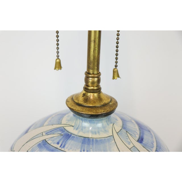Blue and White Mid Century Studio Pottery Table Lamp With Sailing Motif and Dual Pull Chain Lights For Sale - Image 4 of 12