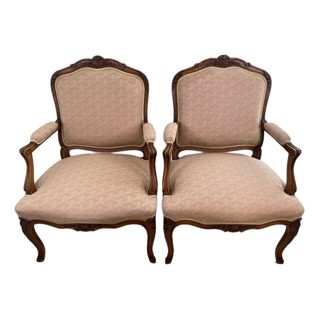 Pair of French Louis XV Style Beechwood Fauteuil Armchairs, Carved Frames For Sale