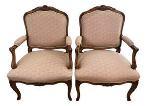 Pair of French Louis XV Style Beechwood Fauteuil Armchairs, Carved Frames