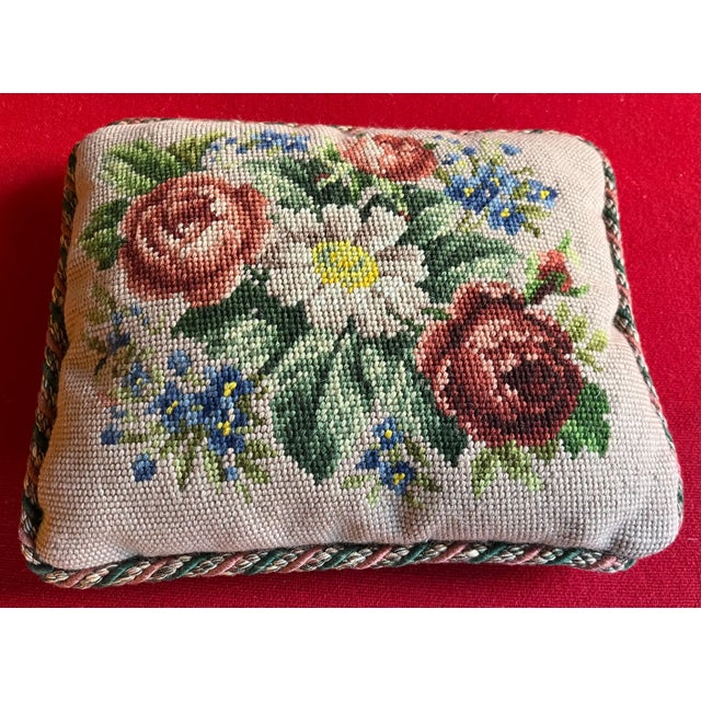 Beige Small Rectangular Needlepoint Pillow With Floral Bouquet For Sale - Image 8 of 12