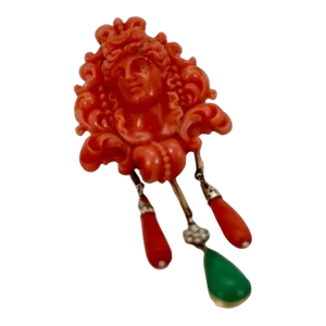 1960s Carved Coral Brooch Pendant with Coral Drops and Crystophase Drop