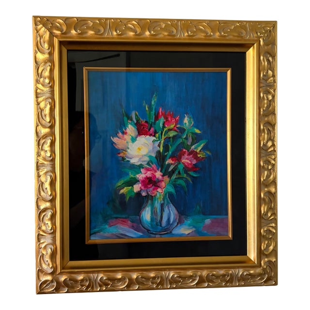 Late 20th Century Christine Oberthur “Vase Au Fond Bleu” Framed Limited Edition Giclée With Coa For Sale