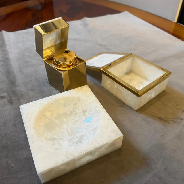 Christian Dior 1970s Mid-Century Modern Mother Pearl Lucite and Brass Italian Smoking Set For Sale - Image 4 of 11