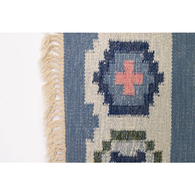 Mid-Century Swedish Kilim in Blue and Cream, 1960 For Sale - Image 4 of 6