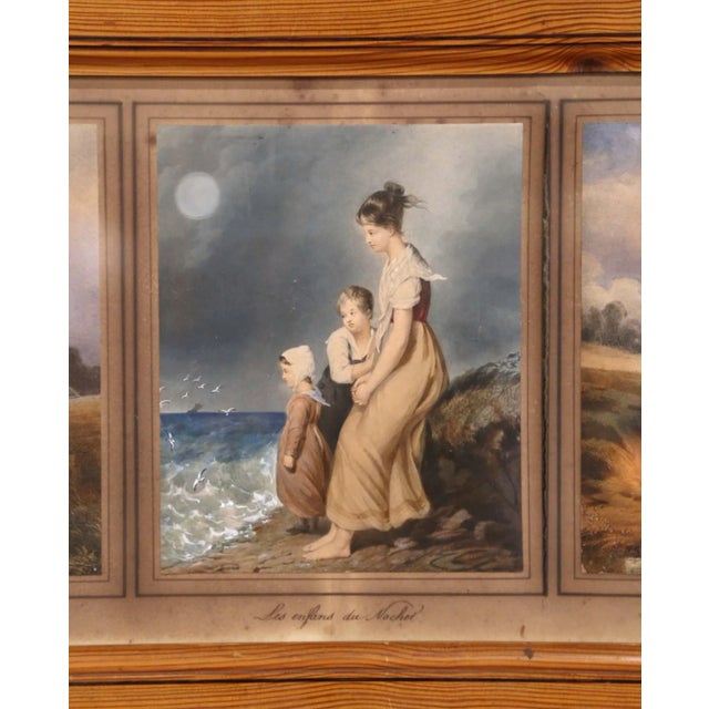 Wood Mid 19th Century French Watercolor Pictures Under Glass in Pine Frame For Sale - Image 7 of 11