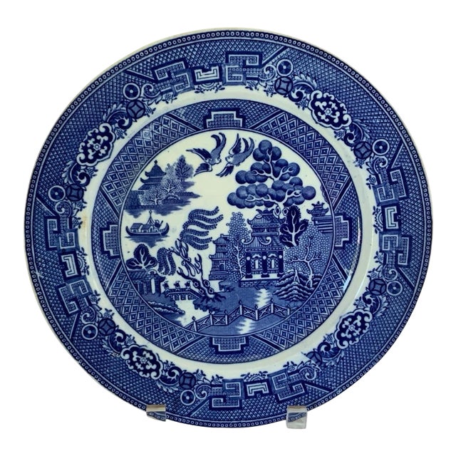 Antique Allertons LTD Blue Willow 10" Dinner Plate Smooth Edge Crown Stamp Staffordshire England 1926 For Sale