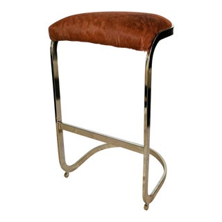 Vintage Brass Cowhide Upholstered Bar Stool For Sale