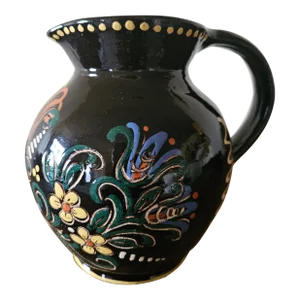 1980s Hand Painted Folk Art Pottery Pitcher