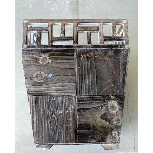 Late 20th Century Adirondack-Style Footed Knotty Wood Parquetry Jardinière or Basket With Jali-Inspired Trimmed Border For Sale - Image 9 of 18