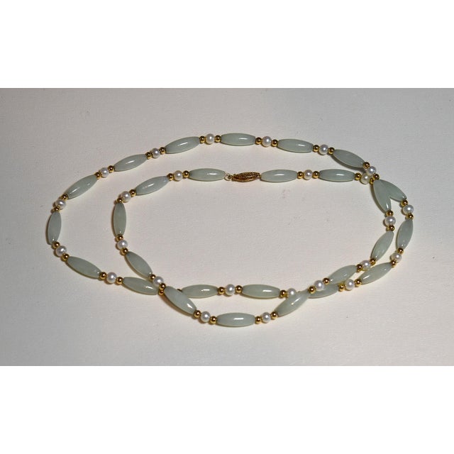 Late 20th Century Vintage Barrel Jade & Pearl 14k Beaded 26" Necklace For Sale - Image 5 of 17