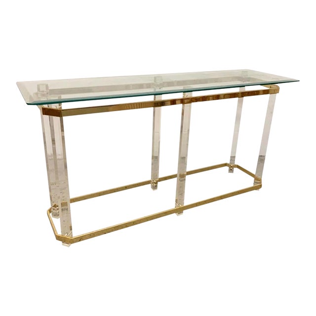 Hollywood Regency Console Table Lucite Pillars Brass Frame in the Manner of Charles Hollis Jones For Sale