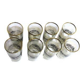 Vintage Gold Rim European Cityscape Highball Glasses – Set of 8 Schweinfurt Frosted Mid-Century Barware For Sale