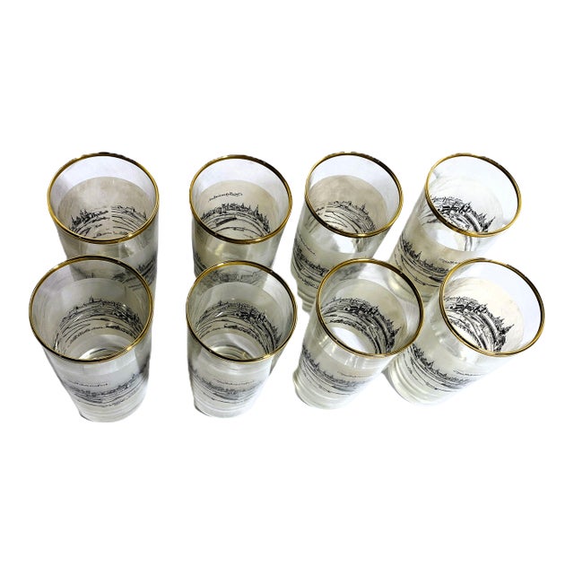 Vintage Gold Rim European Cityscape Highball Glasses – Set of 8 Schweinfurt Frosted Mid-Century Barware For Sale
