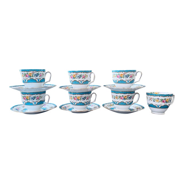 Vintage Crown Staffordshire Lyric Tunis Blue Fine Bone China Teacups & Saucers – 13 Pieces For Sale