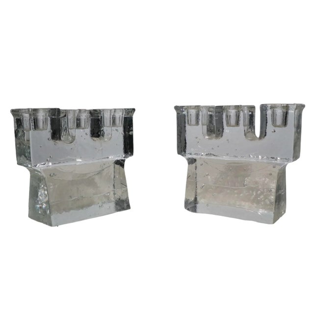 Iittala Pr. Three Light Glass Candlesticks by Sarpaneva for Iittala C. 1970's For Sale - Image 4 of 12