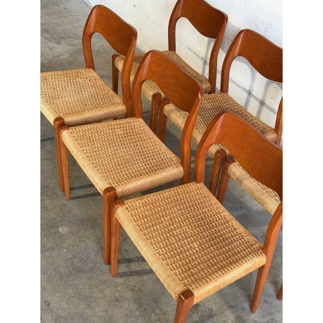 J.L. Møllers Møbelfabrik j.l. Moller Oak Model 71 Dining Chairs Set of 6 Cord Seats Denmark 1960s For Sale - Image 4 of 11