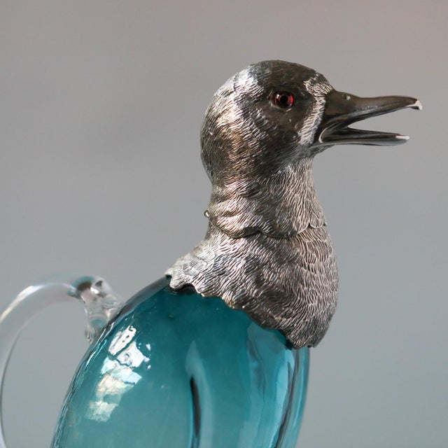 Blue 19th Century French Zoomorphic Duck Ewer in Blue Handblown Glass and Mixed Metal For Sale - Image 8 of 17