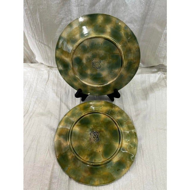 English Antique 1879 Griffen Smith Hill Begonia Majolica Plates – Etruscan Pottery Pair Trenton, Nj For Sale - Image 3 of 9