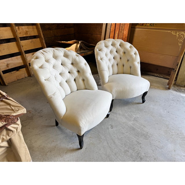 French Title: Antique 19th Century French Napoleon III Chairs in White Brushed Cotton - A Pair For Sale - Image 3 of 7