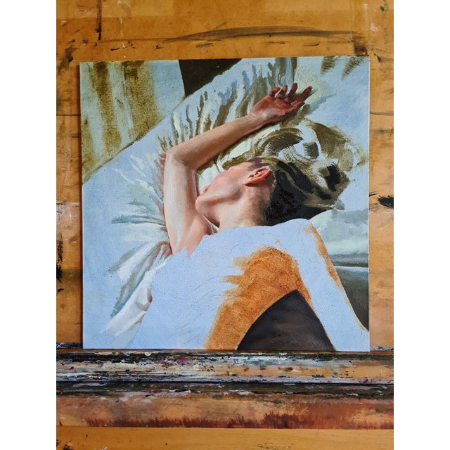 Figurative Solitude I by Linda Delahaye | Oil on Artefex panel Nude figure resting on a bed. For Sale - Image 3 of 5