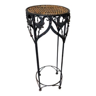 Vintage Wrought Iron Pedestal Plant Stand With Woven Wicker Top For Sale