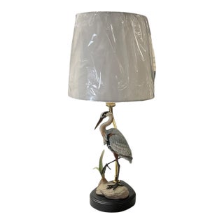 Hand Painted Boehn Porcelain Heron Lamp With Shade For Sale