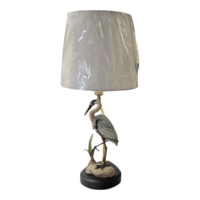 Hand Painted Boehn Porcelain Heron Lamp With Shade For Sale
