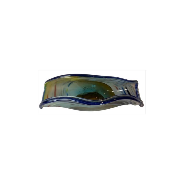 Art Glass Signed Michael Peluso Blue Swirl Clam Shaped Vase For Sale - Image 10 of 14