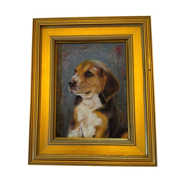 Contemporary Gold Wood Framed Oil on Board Portrait ÄúBeagle PuppyÄù Artist Signed Pm For Sale - Image 12 of 12